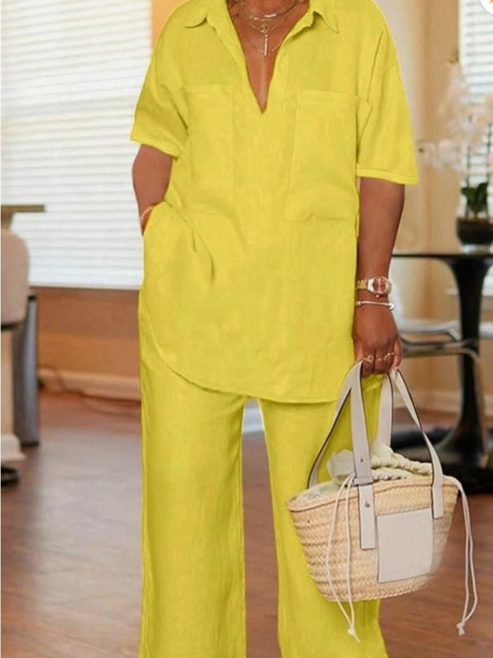 Relaxed Two-Piece Pants Set in Bright Yellow